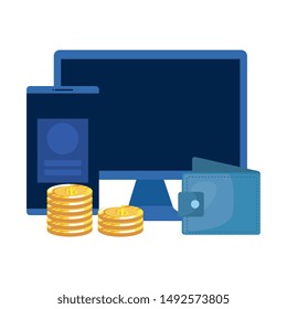 desktop computer with wallet and coins