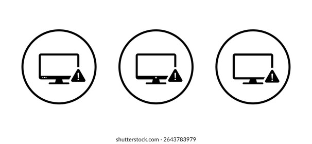 Desktop-Computer mit Warnsymbol auf einer Kreislinie. Symbol für Malware- und Virenwarnungen