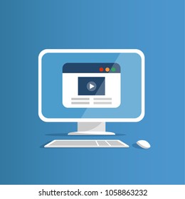 Desktop computer with the website on the screen. To watch video content online. Browser window on the screen. Vector illustration in flat style.
