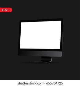 Desktop Computer With A White Display In Perspective Vector Design. Realistic Monitor, Screen With Mockup Isolated On Dark Background For Banner, Flyers Or Advertising.