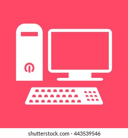 Desktop Computer white icon on magenta color background. Eps-10.