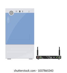 Desktop computer with wi fi router.