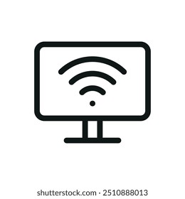 Desktop computer with wifi isolated icon, display screen with wi-fi vector symbol with editable stroke