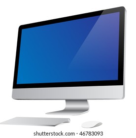 Desktop computer with wireless keyboard and mouse. Vector. Isolated on white.