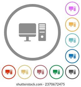 Desktop computer workstation flat color icons in round outlines on white background
