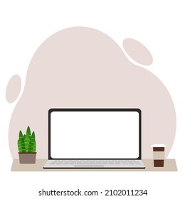 The desktop concept with the computer. Desktop with laptop coffee and plant. Vector