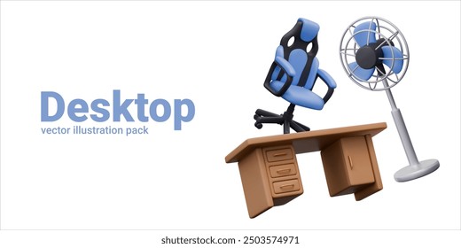 Desktop concept. Desk, floor fan, gaming chair. Set of vector templates