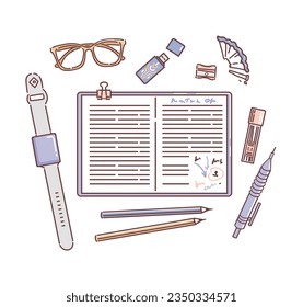 Desktop, diary with notes, automatic pencil, fitness bracelet, flash card, glasses, pencils with a sharpener, leads. Doodle style. Stationery, office. For stickers, posters, postcards, design elements