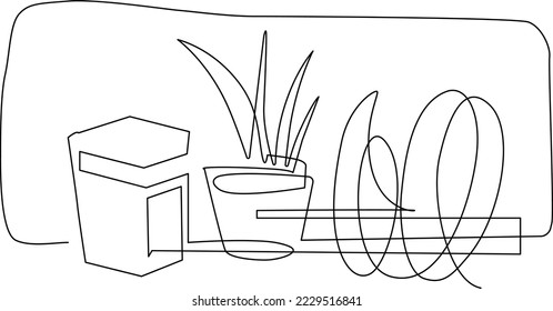 Desktop Dish rack, organizer for clean dishes. Still life on the kitchen table. Continuous line drawing. Vector illustration
