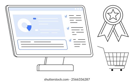 Desktop display showing a data dashboard with charts and lists, a star award badge, and a shopping cart. Ideal for data analytics, e-commerce performance, customer satisfaction, business analysis