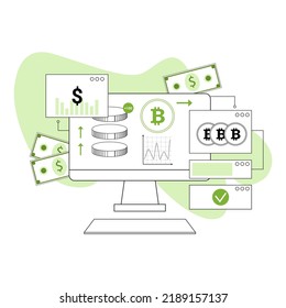desktop display showing infographics and coins bitcoin dollar bills crypto currency transactions
