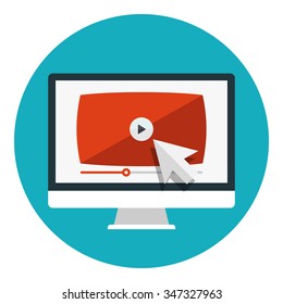 Desktop display with video player on screen. Live streaming concept. Computer monitor with video player. Flat icon in circle isolated on white background. Vector icon