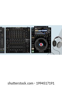 Desktop DJ set consisting of CDJ player, DJM mixer and DJS sampler. Realistic vector illustration. DJs headphones. Modern equipment for clubs and discos. Beatmaking effector. Rgb palette of buttons.