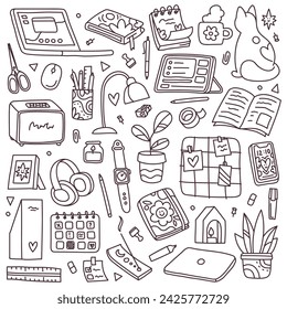 Desktop doodle set. Doodle design style, hand drawn cartoon elements. Illustration for coloring book, pattern background