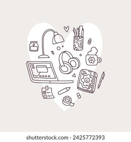 Desktop doodle set . Hand drawn color cartoon elements. Vector illustration for coloring book in heart shape. Learning aesthetics 