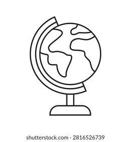 Desktop earth globe on a stand line icon representing geography tool, school equipment, and planet map.
