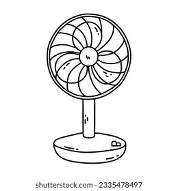 Desktop electrical fan. Cooling air conditioning unit in hot weather. Black and white vector isolated illustration hand drawn. Outline doodle blower. Icon or card