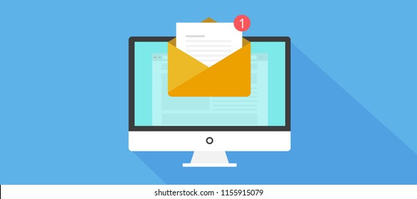 Desktop Email notification message, with buble number new email. flat vecotr illustration with long shadow