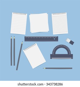 Desktop engineer designer in a flat style top view on a light background. Technical workspace