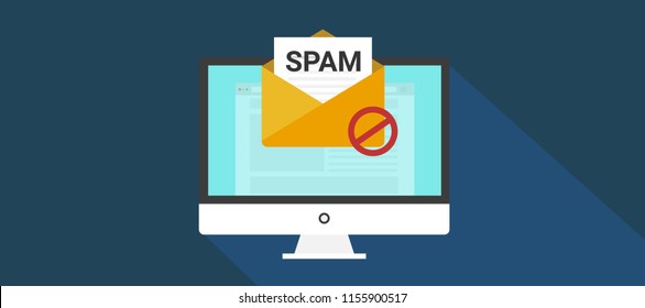 Desktop and envelope with document, spam alert and skull icon. Virus, malware, email fraud, e-mail spam, phishing scam, hacker attack concept. Trendy flat design graphic with long shadow. 