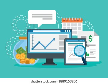 desktop with financial set icons vector illustration design