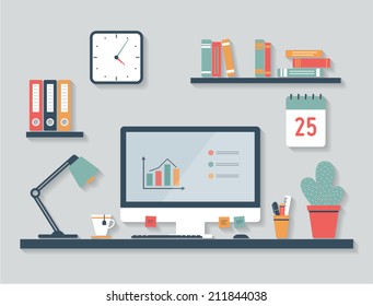 Desktop, Flat Design, Office Interior, Home Office. Working Online From Home.