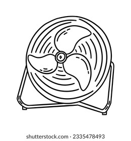 Desktop or floor electrical fan. Cooling air conditioning unit in hot weather. Black and white vector isolated illustration hand drawn. Outline doodle blower icon