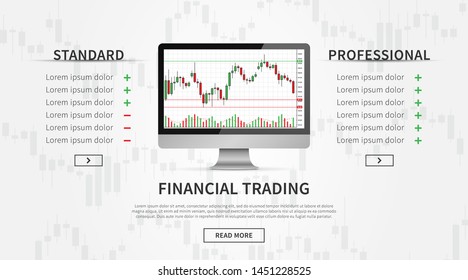 Desktop with forex trade chart vector illustration. Web banner for online trading creative concept. Computer interface with candlestick chart graphic design.
