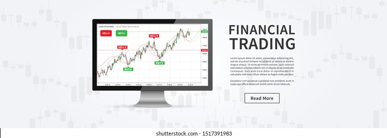 Desktop with forex trade chart vector banner. Financial graph for online trading creative concept. Computer interface with candlestick chart graphic design.