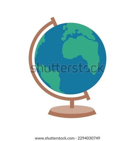 Desktop globe illustration. School supply flat design. Office element - stationery and school supply. Back to school. Globe icon for geography lesson, world map. Planet Earth and the environment.