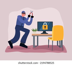 desktop and hacker with cable cutters scene