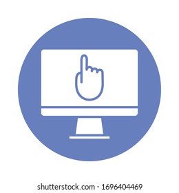 desktop with hand index online education block style vector illustration design