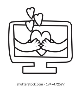 escritorio con levantamiento de manos estilo de línea de corazones icono ilustración vectorial