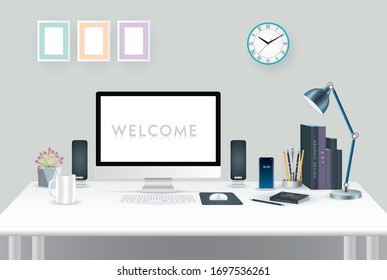 Desktop of home office. Modern flat style. Creative home workspace, workplace for student with computer. Vector illustration