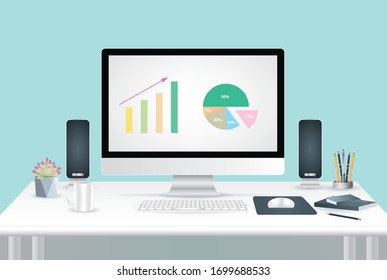 Escritorio de oficina doméstica. Estilo moderno y plano. Espacio de trabajo doméstico creativo, lugar de trabajo para estudiantes con ordenador. Ilustración del vector