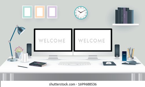 Desktop of home office. Modern flat style. Creative home workspace, workplace for student with computer. Vector illustration