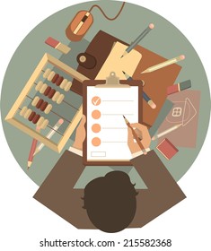desktop at home or in the office, a top view of a businessman in a round emblem
