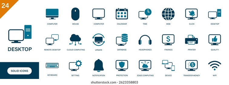 Desktop icon. Containing computers, information technology, peripherals, printers,... Solid vector icons set.