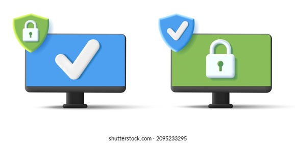 Desktop icon with cyber protection symbols of shield with padlock, 3d illustration