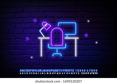 Desktop icon of the neon light of the table. Maintaining cleanliness in the workplace. A neat home or office Desk with a computer and a lamp. Vector isolated illustration