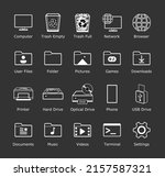 Desktop icon pack. Dark theme line icons. Computer folder shortcut signs. Mobile smartphone customization element. My documents. New window eleven theme vector illustration.