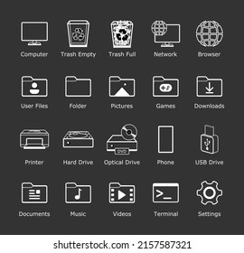 Desktop icon pack. Dark theme line icons. Computer folder shortcut signs. Mobile smartphone customization element. My documents. New window eleven theme vector illustration.