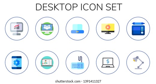 desktop icon set. 10 flat desktop icons.  Simple modern icons about  - computer, tablet, laptop, keyboards, monitor, graphic tablet, desk lamp