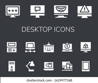 desktop icon set. 14 filled desktop icons. Included Computer, Old computer, Desk lamp, Laptop, Keyboard, Screens, Tablet, Monitor icons