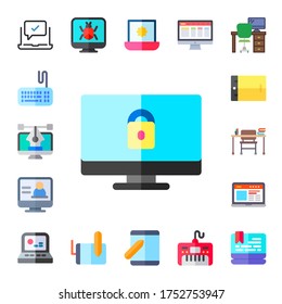 desktop icon set. 17 flat desktop icons.  Simple modern icons such as: laptop, keyboards, computer, monitor, tablet, desk, graphic tablet, keyboard