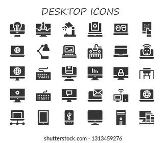 desktop icon set. 30 filled desktop icons.  Simple modern icons about  - Computer, Desk lamp, Laptop, Tablet, Keyboard, Desk, Personal computer, Screen, Screens