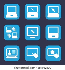 desktop icon. Set of 9 filled desktop icons such as finger on tablet, laptop, home on tablet, laptop connection