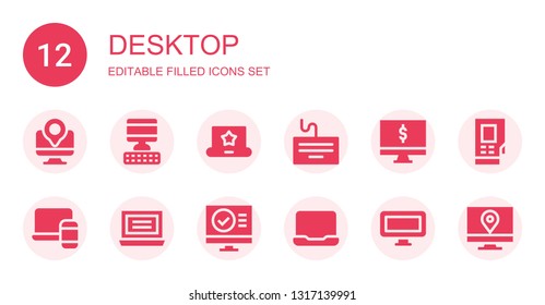 desktop icon set. Collection of 12 filled desktop icons included Computer, Laptop, Keyboard, Densitometer, Screen