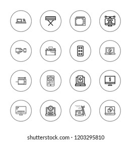 Desktop icon set. collection of 16 outline desktop icons with computer, desk, graphic tablet, laptop, keyboard icons.