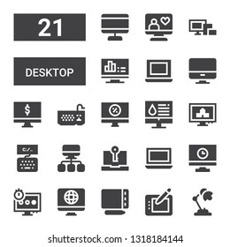 desktop icon set. Collection of 21 filled desktop icons included Desk lamp, Graphic tablet, Screen, Computer, Laptop, Keyboard, Devices